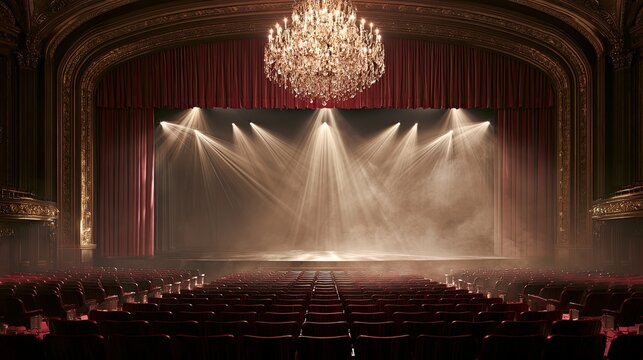 Grand theatre stage with velvet seats, dramatic lighting, and ornate chandelier