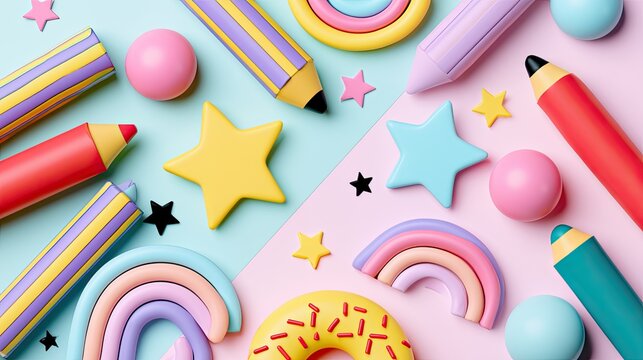 Whimsical pastel school supplies and playful shapes scattered on a split background