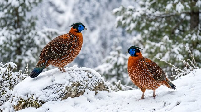 Two himalayan monal pheasants perched on snowy rocks in winter landscape