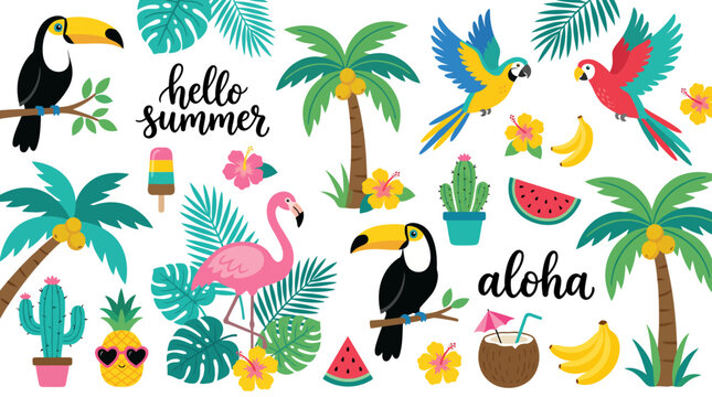 Vibrant tropical summer collage featuring palm trees, colorful birds, tropical fruits, playful characters, and sunny sayings like hello summer and aloha