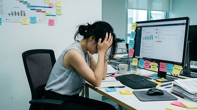 Young woman overwhelmed at desk with sticky notes and computer