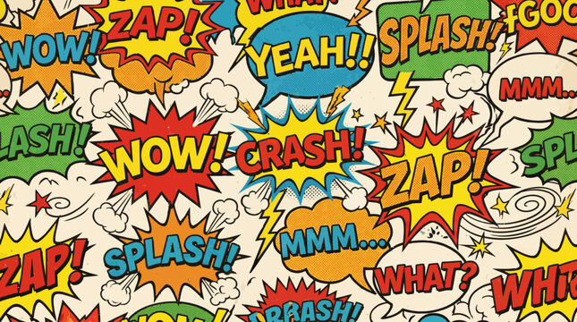 Colorful comic book explosion collage featuring onomatopoeia words, speech bubbles and retro pop-art visuals.