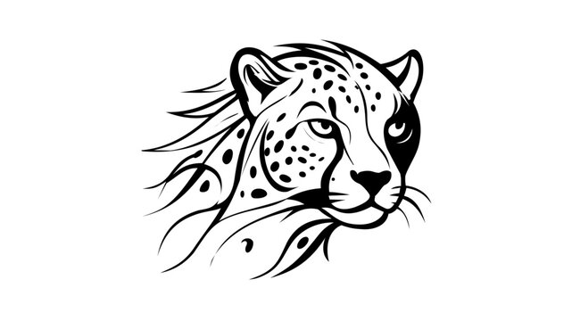 Modern minimalist vector icon illustration of a fast cheetah head facing forward, featuring clean black lines on a white background, perfect for wildlife safari branding and animal logo design.