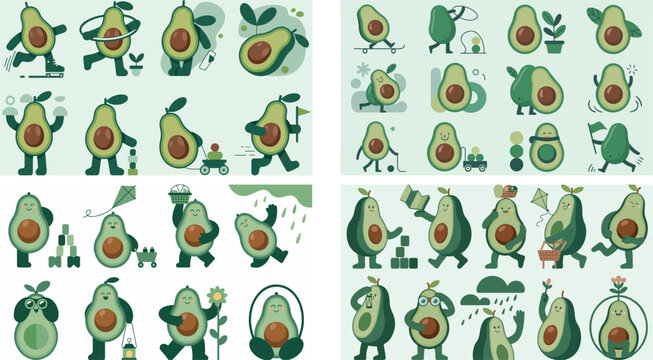 Set of cartoon avocado characters in various poses and activities  fun food illustrations