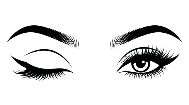 Black and white vector illustration of female eyes with dramatic eyeliner and long lashes, featuring one closed eye and one open eye