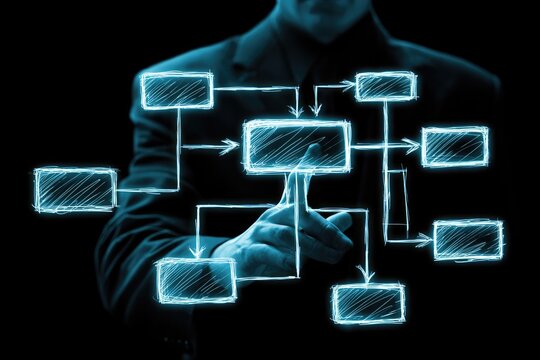 Hand interacting with a glowing, drawn flowchart on a dark background
