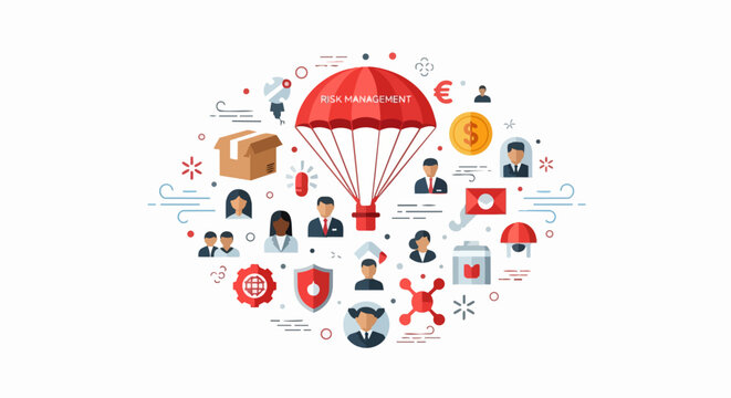 Risk Management Concept Illustration with Red Parachute, Diverse Business Professionals, Financial Icons, and Logistics Symbols for Corporate Safety and Insurance