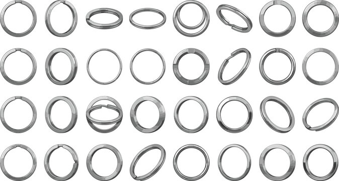 Metal Split Keychain Ring Vector Set with Chrome Key Rings in Various Rotations and Angles for Hardware Product Mockups and Key Accessory Designs