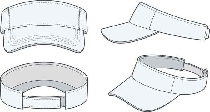 White Sun Visor Hat Vector Mockup Set with Front, Side, Back, and Angled Views for Apparel Technical Sketches and Sportswear Branding Designs