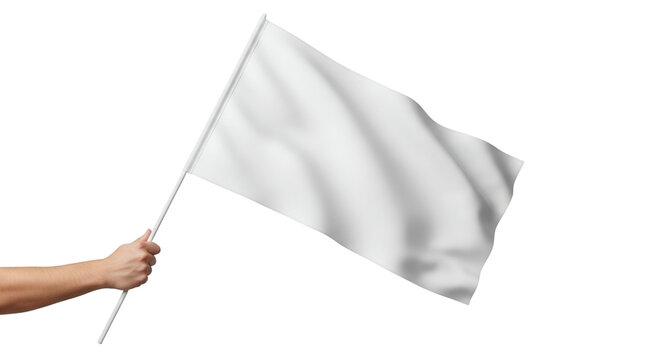 Hand holding white blank flag waving on a isolated transparent background png
