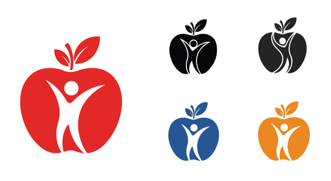 Colorful apple logos with human figures in various colors for business or health concepts