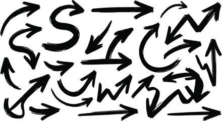 Fototapeta premium Collection of hand drawn black arrows with various directions on a white background