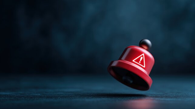 Striking red notification bell flashing an urgent warning symbol on a dark digital interface background