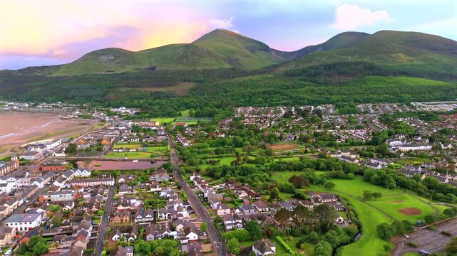 Aerial view of Newcastle town in County Down Northern Ireland with the Mourne Mountains