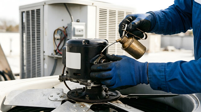 Professional HVAC Technician Oiling AC Motor | Air Conditioning Repair and Maintenance Service | Heating and Cooling System Tune-up | Commercial Rooftop HVAC Inspection and Mechanical Lubrication