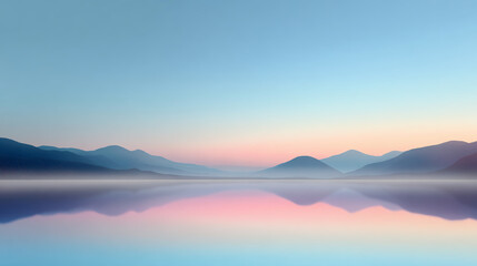 Fototapeta premium A serene landscape featuring tranquil mountains reflected in calm water under a pastel sky at dawn, evoking peace and tranquility.