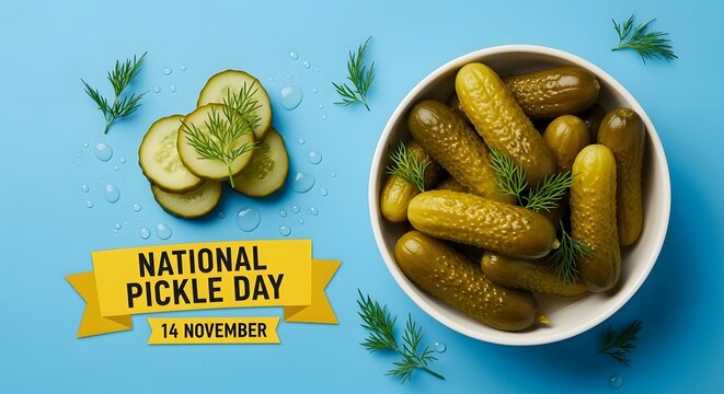 National pickle day celebration with fresh gherkins and dill on blue background