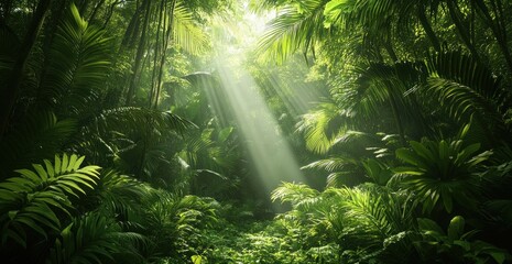 Lush Jungle Canopy with Sunlight Streaming Through the Foliage.