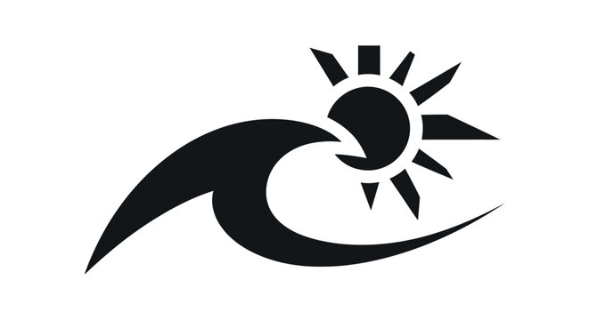 Minimalist graphic icon of a breaking ocean wave and sun.