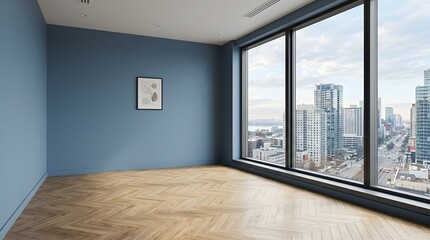 Fototapeta premium Bright Empty Room With Large Panoramic Windows Offering A Breathtaking Cityscape View And Beautiful Herringbone Wood Flooring Creating A Serene Atmosphere For Any Interior Design Project Or Real