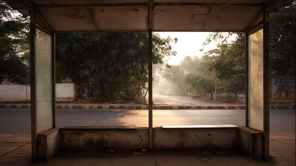 Fototapeta premium A serene view from a bus stop during early morning light, capturing a quiet street and lush greenery.