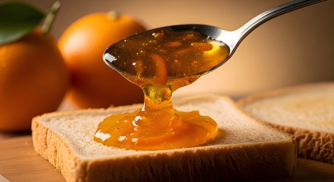 Orange marmalade being poured from a spoon onto a slice of toast