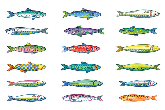 Collection of colorful mackerel fish illustrations on a white background