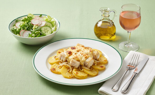 Friesacher Pannfisch gratin served with golden potatoes, a green salad with olive oil, and a glass of wine on an elegant table