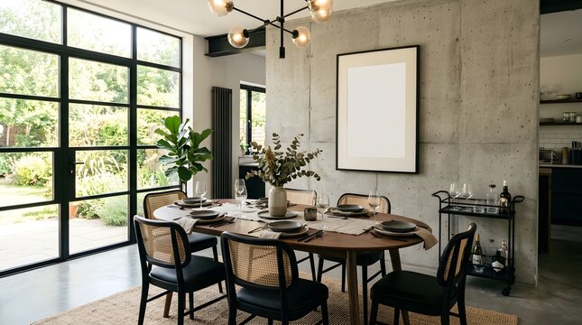 Dining room setting with chairs arranged around an oval table featuring tableware and a vase with dried plants a large window showing greenery and a blank picture frame on a concrete wall