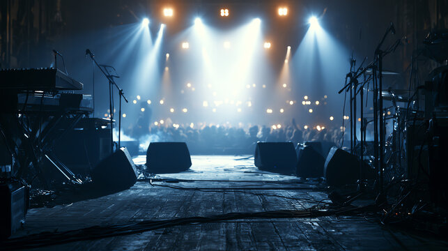 A vibrant concert atmosphere with stage lights illuminating an empty venue before a performance.