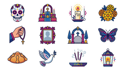 Fototapeta premium Day of the Dead Icons: Sugar Skull, Altar, Candle, Marigolds, Rosary, Photo Frame, Gate, Butterfly