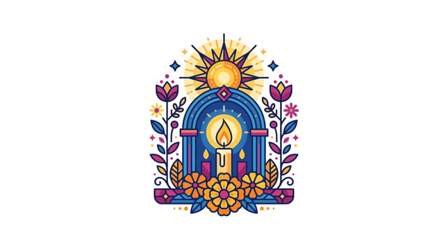 Day of the Dead Altar with Candle, Flowers, and Sun Icon
