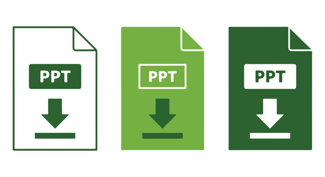 Three green and white icons of PowerPoint presentation files with download symbols