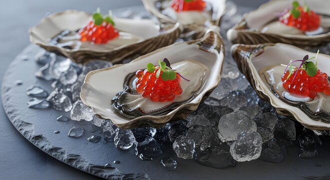 Fresh oysters served on a bed of ice with salmon roe and microgreens