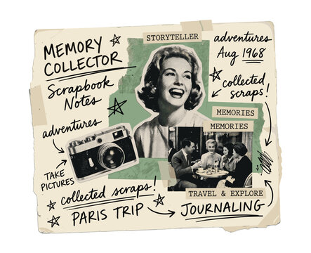 Vintage scrapbook collage compiling travel memories and adventures