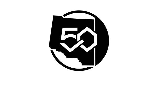 Black and white circular logo design featuring the number fifty and a map silhouette.