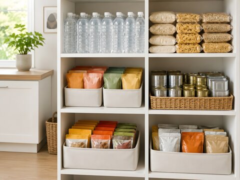 Categorized Rolling Stock Storage with Water Staples and Ready Meals
