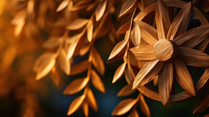 Obraz premium Detailed composition of golden wooden leaves and a crafted floral wheel bathed in warm, luminous sunlight.