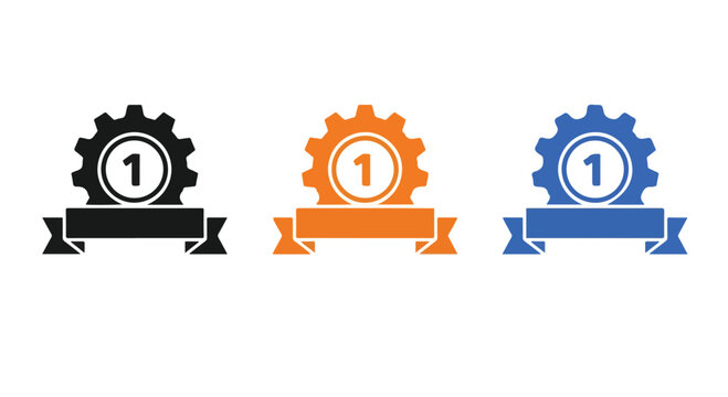 Set of gear icons with ribbons and number one ranking