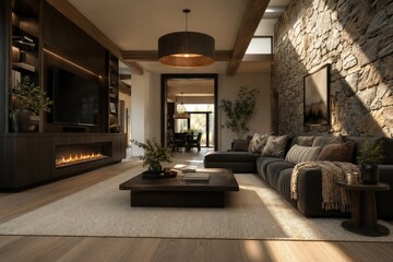 Fototapeta premium Modern living room interior with fireplace, sofa, luxury furniture and contemporary home design