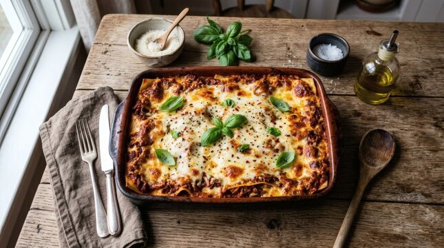 Delicious Lasagna in Rustic Dish on Wooden Table perfect for Lasagna Awareness Month