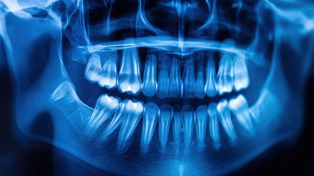 Panoramic dental X ray scan highlighting oral anatomy and health with vivid blue tones.