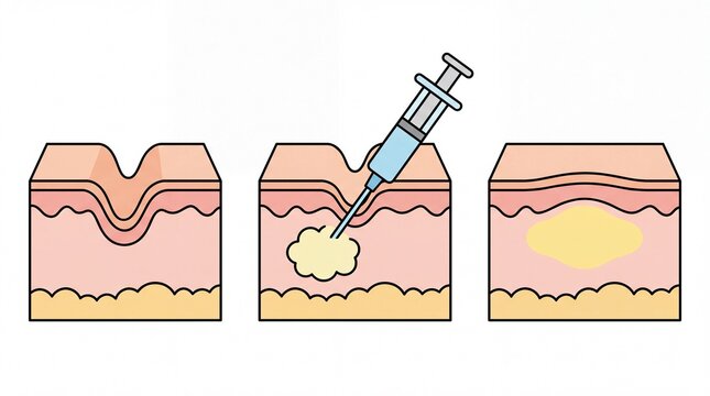 Medical illustration showing dermal filler injection procedure into deep skin layers on white background