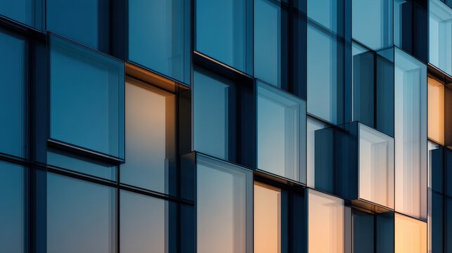 Dynamic geometric reflections on a modern glass building facade, showcasing urban architecture and abstract light interplay with blue and orange hues.