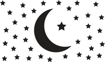 White crescent moon with visible craters shining brightly against a dark midnight blue background in a simple style. © MSTNAZRIN