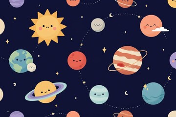 Fototapeta premium Seamless pattern of cute smiling planets, the sun, and stars orbiting in deep blue space, featuring a friendly solar system style
