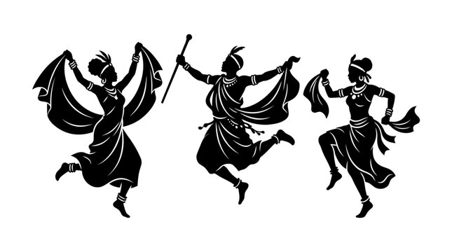Silhouettes of traditional Indian dancers performing folk dance in festive attire.