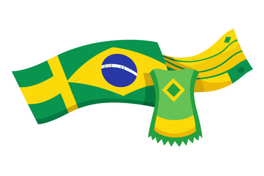 Vibrant Brazilian flag and scarf illustration in green, yellow, and blue hues, symbolizing national pride and cultural heritage with dynamic wavy design elements