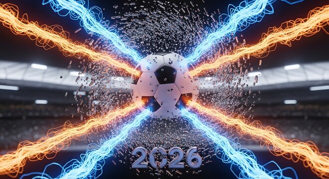 Soccer ball flying with energy lightning bolts and 2026 text, football