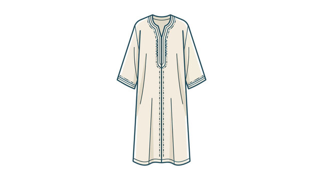A flat sketch of a traditional kaftan dress with embroidery details.